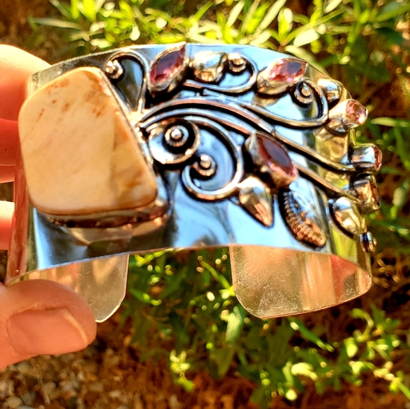 New Mookaite Jasper and Rubellite 925 Silver Cuff Bracelet. - Picture 7 of 16